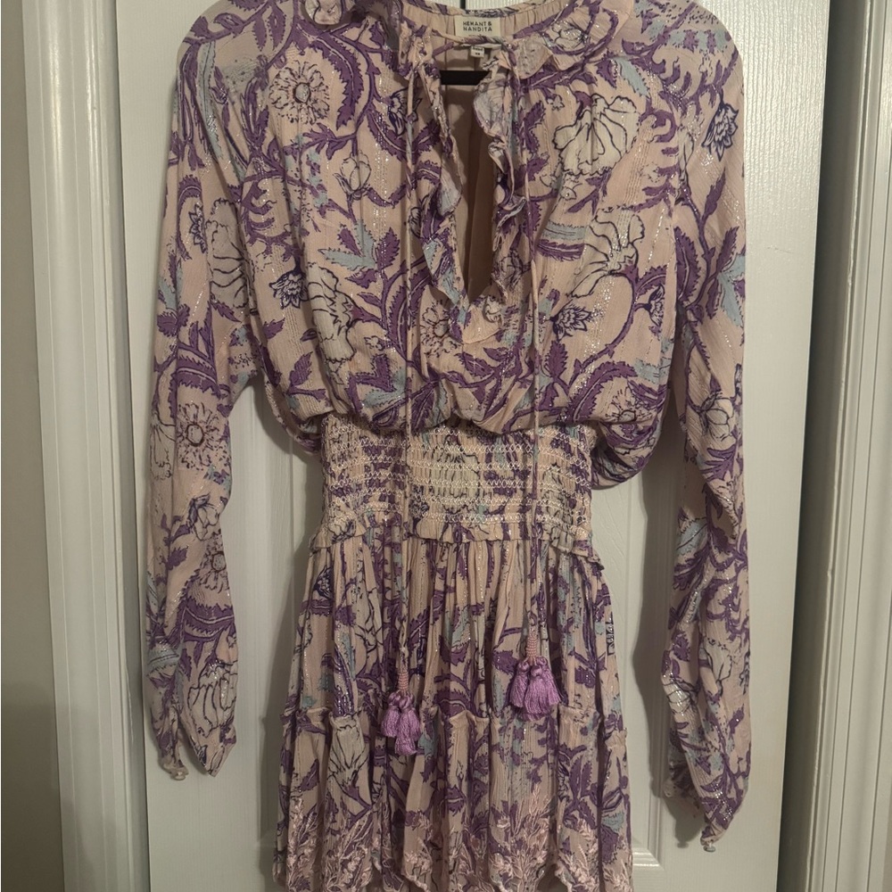 HEMANT & NANDITA Cream Mini Dress with Purple Floral Print